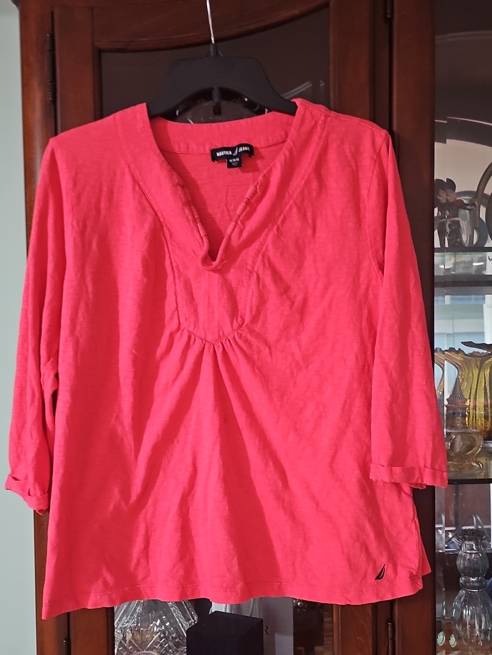Nautica Jeans Split V-Neck 3/4 Sleeve 100% Cotton Top Coral Sz Medium